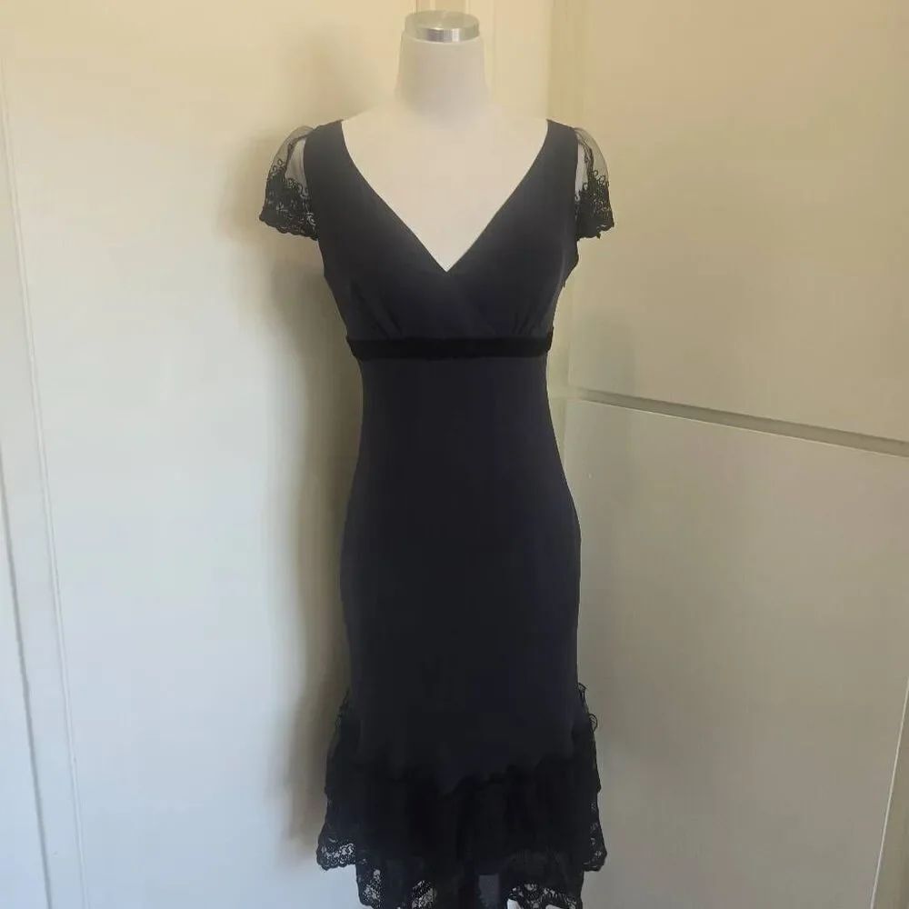 Loft Blk Silk Lace/Velvet Trim Empire Midi Dress, Flutter Slvs, EUC, Sz.6
